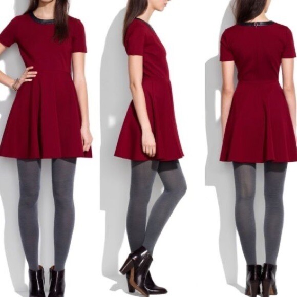 Madewell Black Leather Trim Short Sleeve Skater Mini Dress in Burgundy Red XS - Picture 2 of 12